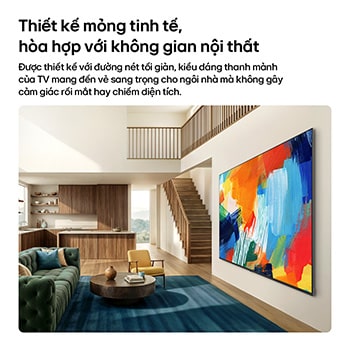 LG QNED evo AI QNED82 Mini LED with a Slim Design is wall-mounted in a bright, open living space, featuring a sleek profile that blends seamlessly into the interior while displaying a bold, colorful abstract artwork.